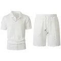 Witte heren zomer 2-delige set van luxe getextureerd kabelgebreid met polo en short - Wit