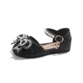 Elegant girls black princess sandals with sparkling rhinestones and pearl bow detail. - Size 21 (13.5cm) / Black