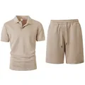 Heren zomerse casual 2-delige set met getextureerd jacquard poloshirt en shorts - Khaki