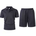 Heren marineblauw jacquard gebreid poloshirt en korte broek met trekkoord zomer set - Marineblauw