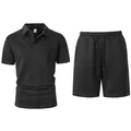 Heren zomer casual zwarte jacquard poloshirt en korte broek met trekkoord set - Zwart