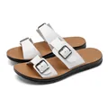 Men's white PU leather sandals with adjustable buckles and brown non-slip soles - White