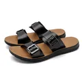 Men's black PU leather sandals with adjustable buckles and comfortable brown soft soles - Black