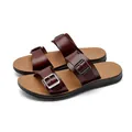 Men's outdoor PU leather sandals with adjustable buckles in brown - Burgundy
