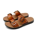 Brown PU leather men's double buckle beach sandals with black slip-resistant sole - Khaki