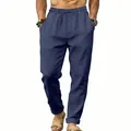 Herren Freizeithose aus marineblauem Leinen mit Kordelzug und geradem Bein - Marineblau