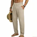 Men's loose fit straight leg linen casual trousers in khaki for vacation wear - S / Bottoms / Khaki