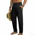 Men's black linen casual straight-leg pants with drawstring waist for summer vacation - S / Bottoms / Black