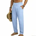 Light blue men's loose linen straight-leg casual trousers perfect for summer vacation. - S / Bottoms / Light Blue