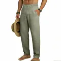 Men's casual sage green linen pants with a drawstring waist and straight leg fit - Army Green