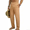 Men's beige linen casual trousers with elastic drawstring waist and straight leg - Earthy Yellow