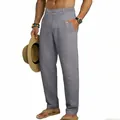 Men's loose fit straight-leg linen casual pants in light grey for summer vacation wear - Gray
