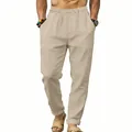 Locker sitzende Herren Leinenhose mit Kordelzug in Apricot Beige für Urlaub und Sommerzeit - Khaki