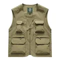Men's khaki multi-pocket fishing vest with V-neck and zipper closure for outdoor use - M / Tops / Khaki