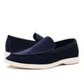 Side view detail of navy blue suede loafers with flexible white soles - 39 / Blue