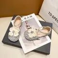 Elegant silver sequined princess sandals for girls featuring a large silk flower accent - 23 / Apricot