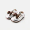 Silver toddler girl walking shoes featuring brown bows and non-slip soft rubber soles. - Size 16 / Inner 12.5cm / Silver