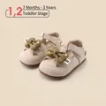 Beige toddler girls' walking shoes with brown polka-dot bow and soft anti-slip rubber sole - Size 16 / Inner 12.5cm / Beige