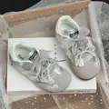 Stylish silver and grey girls' sneakers featuring elegant ribbon bows and pearl charms - 23 / Bowknot German Trainer Style / Silver