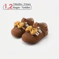Brown baby girl walking shoes with yellow polka dot bows and soft anti-slip soles - Size 16 / Inner 12.5cm / Khaki