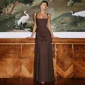 Elegant brown square neck ruched maxi dress for women featuring a vintage background scene. - Coffee