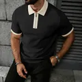 Stijlvol zwart herenpoloshirt met crème contrastkraag en ritssluiting aan de voorkant - Zwart