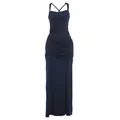 Elegant navy blue square neck maxi dress with ruched waist detail and a slim fit design. - Dark Blue