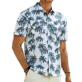 Detailed view of a men's casual short-sleeve Hawaiian shirt with palm tree print. - S / Tops / White