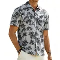 Close-up detail of men's linen-textured Hawaiian shirt with tropical palm tree print - S / Tops / Gray