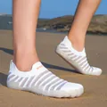 Breathable white and grey striped barefoot water shoes for beach and swim activities - White