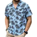 Detailed view of men's light blue Hawaiian shirt with dark palm tree print and linen texture - S / Tops / Light Blue