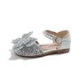 Sparkling silver girls princess sandals featuring rhinestone bow and pearl strap detail - Size 21 Inner Length 13.5CM / Silver