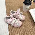 Breathable pink mesh sneakers for girls with decorative ribbon bow and soft sole - 27 / Pink