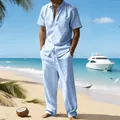 Men's light blue linen short sleeve shirt and long pants set on a sunny beach - Light Blue