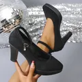 Elegant black suede Mary Jane chunky high heels featuring ankle strap and crystal charm detail - Black