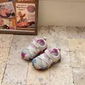 Detailed view of pink and beige children's closed-toe breathable sports sandals on floor. - Size 17 Insole 13.5cm / Pink