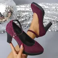 Elegant burgundy suede platform pumps with thick heel and dainty ankle strap - Burgundy