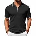 Close-up of black men's Polo shirt with textured jacquard pattern and zip collar - Black