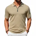 Detail view of men's retro jacquard polo shirt featuring zipper lapel and white contrast trim - Khaki