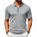 Detailed view of the retro jacquard texture on this men's grey zipper polo shirt. - Light Gray
