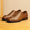 Classic brown horsehide Goodyear welted men's dress shoes in professional retro style - 37 / Caramel color