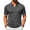 Detailed view of a gray vintage jacquard polo shirt featuring a zipper and white contrast trim - Dark Gray