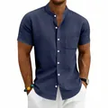 Camicia casual da uomo in lino blu scuro con colletto alla coreana e maniche corte - Taglia S / Top / Blu navy