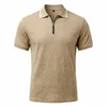Men's retro khaki jacquard short sleeve polo shirt featuring a stylish zipper neck - S / Tops / Khaki