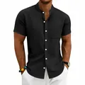 Camicia casual in lino nero da uomo a maniche corte con colletto coreano e taschino - Taglia S / Top / Nero