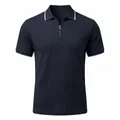 Men's vintage navy blue jacquard polo shirt featuring white trim and zipper collar - Navy Blue