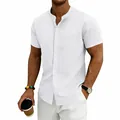 Premium Herren Locker Weißes Leinenhemd für Strand und Freizeit mit Stehkragen Tasche - Weiß