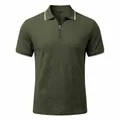 Men's army green textured jacquard polo shirt with zipper neck and white trim - Army Green
