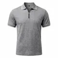 Men's grey short-sleeve polo shirt with jacquard texture and stylish zipper neckline - Light Gray