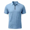 Men's vintage light blue jacquard polo shirt featuring a zipper collar and white trim details. - Light Blue